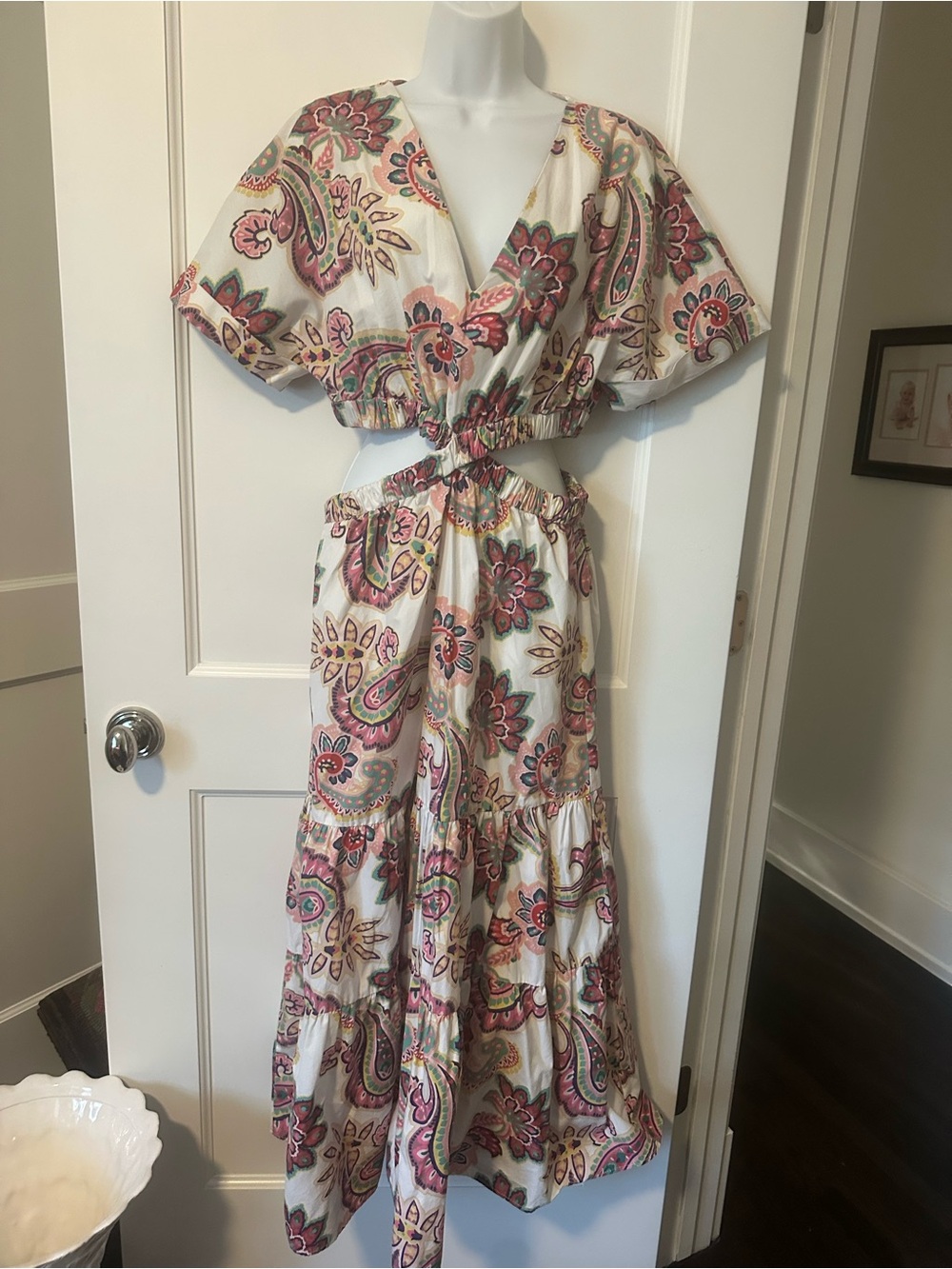 Zara Cream Cut-out Maxi Dress with Pink and Green Paisley